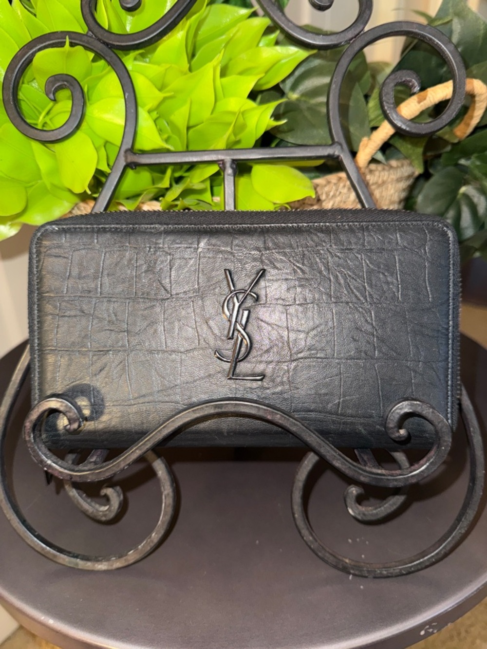 YSL Saint Laurent Black Croc-Embossed Zip Around Wallet with Black YSL Logo